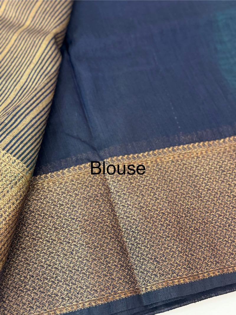 Jute silk sarees with contrast pallu & blouse MJL324 Teal to darkblue
