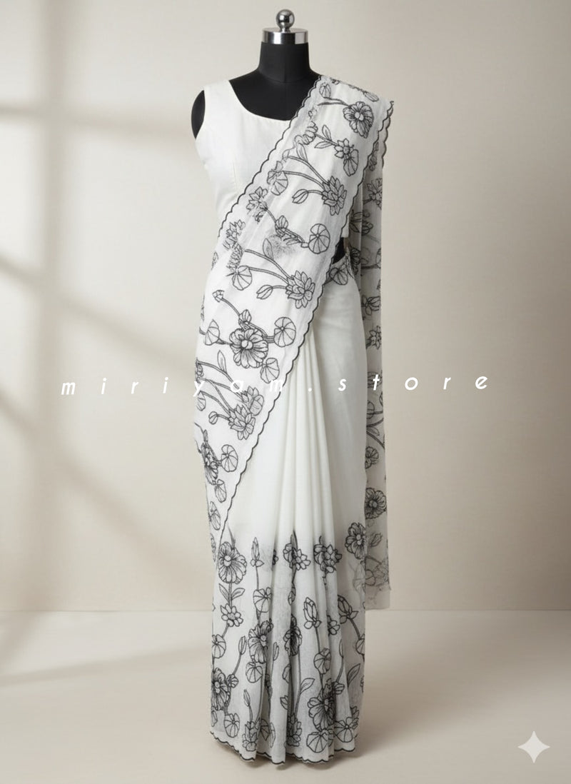 Pure NetKota cotton embriodery saree  MSH119 Black & White