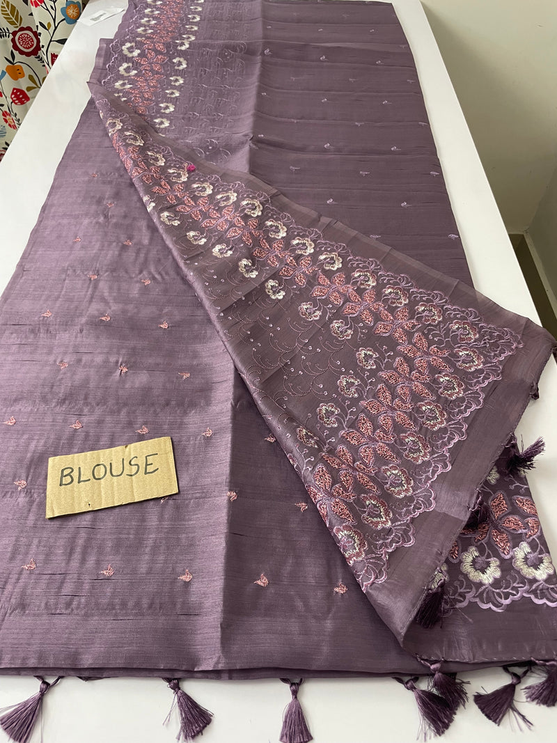 Matka tussar silk saree with embroidery- SNFNRCY24 Mauve