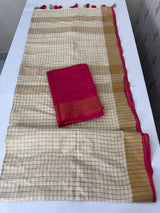 Linen checks saree with zari border MLS9766- Cream & Pink