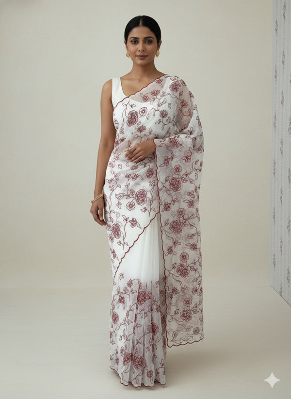 Pure NetKota embriodery saree  MSH119 Red & White