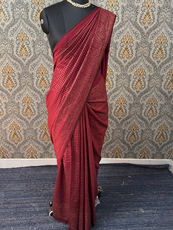 Chiffon saree with foil prints - MS7611- Maroon