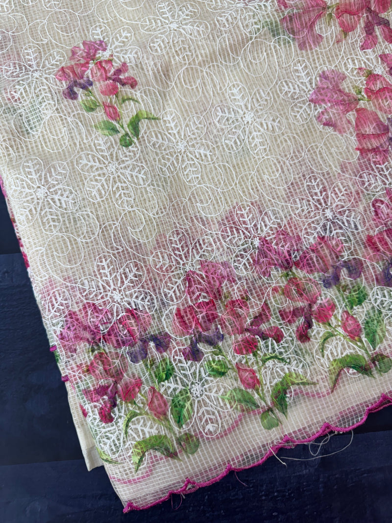 Phulkari NetKota Embroidery and digital printed saree - OffWhite MS6001