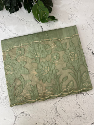 Blended tussar saree with organza applique applique borders MTSS452 DustyGreen