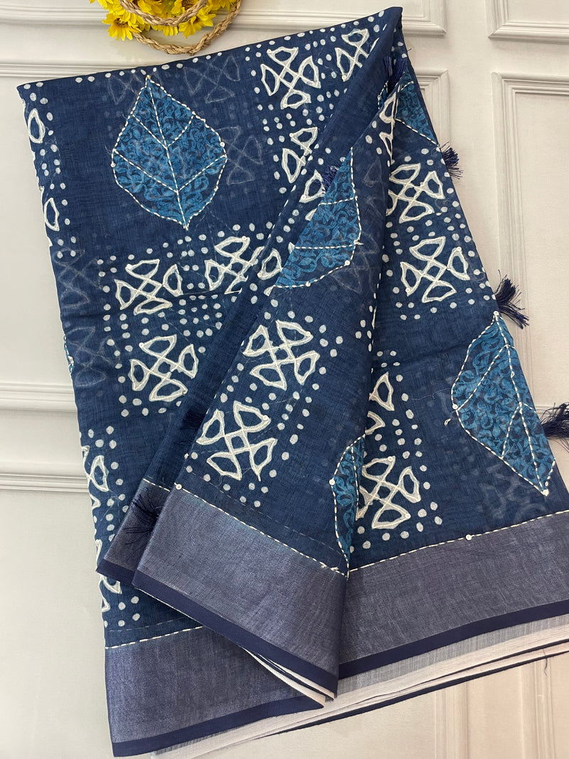 Indigo chanderi saree with kanta embriodery MS59012