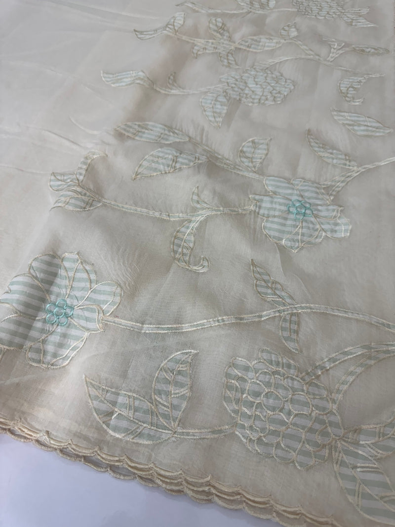 Mul chanderi applique work saree  MSH931 - Offwhite to Aquablue