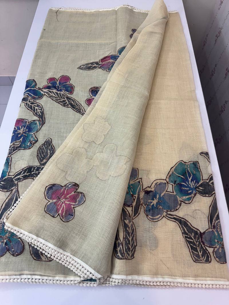 Tissue linen saree with applique work MLS5478