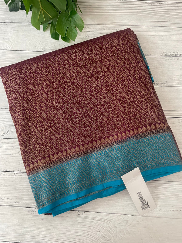 Banarasi semi katan saree with contrast border SHKNTNM- Wine to Blue