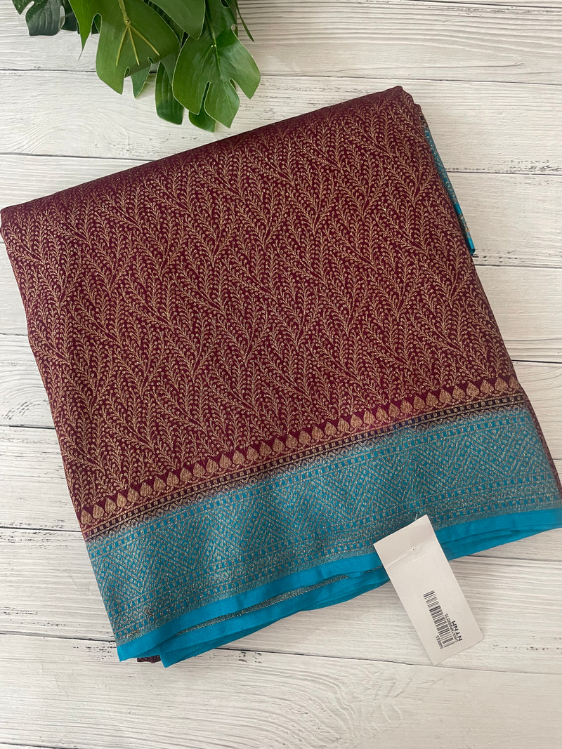 Banarasi semi katan saree with contrast border SHKNTNM- Wine to Blue