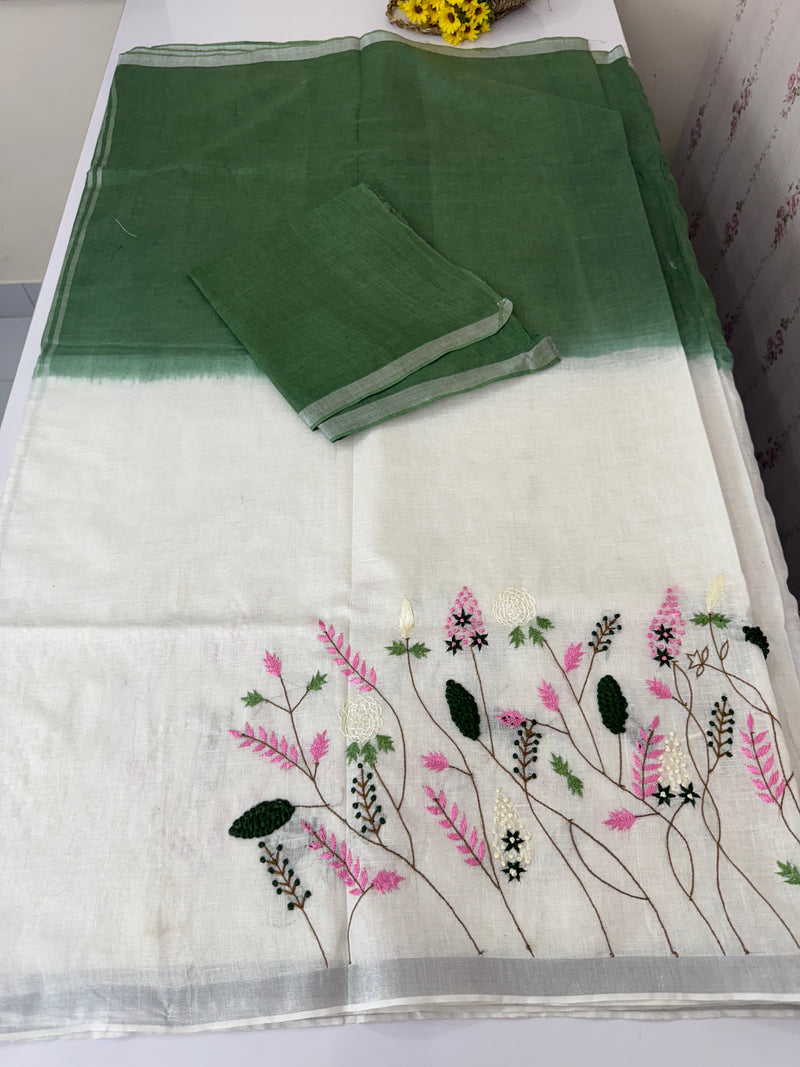 Linen blend Saree with hand embriodery MLS611- Royal blue & white