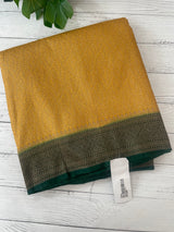 Banarasi semi katan saree with contrast border SHKNTNM- Creamy Yellow to BottleGreen