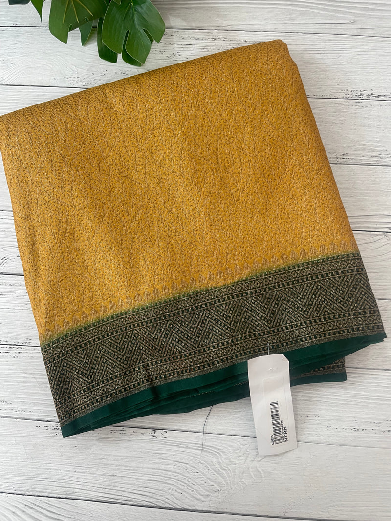 Banarasi semi katan saree with contrast border SHKNTNM- Creamy Yellow to BottleGreen
