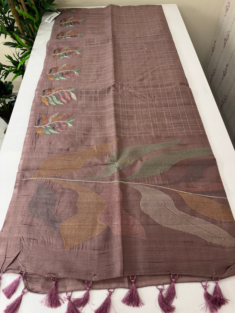 Crushed Blended tussar silk saree with embroidery- SNFCYEY DuskyMauve