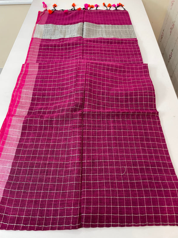 Linen checks saree with zari border MLS9788