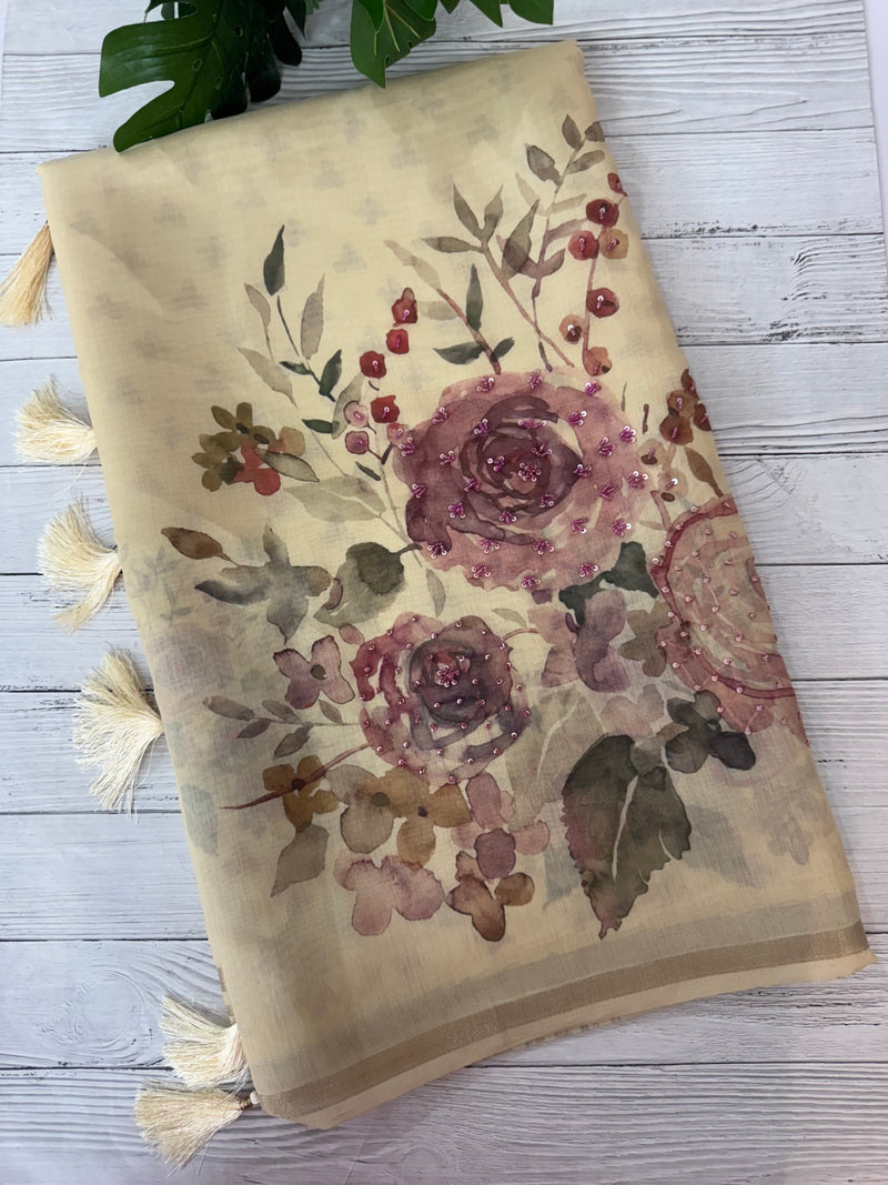 Linen- chanderi saree with french knots, sequence and bead work - MS19965