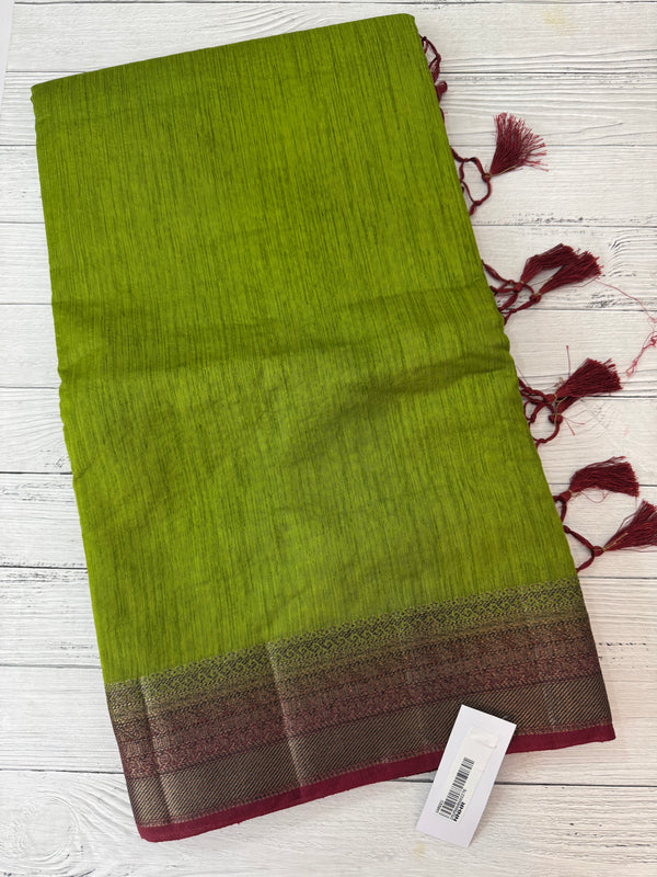 Jute silk sarees with contrast pallu & blouse MJL396 - ParrotGreen to MaroonRed
