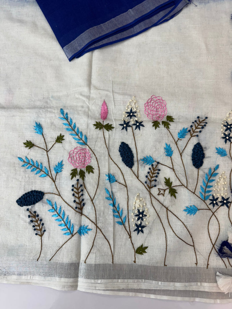 Linen blend Saree with hand embriodery MLS611- Royal blue & white