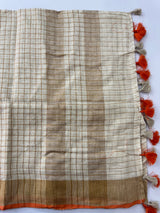 Linen checks saree with zari border MLS9766- Cream & Orange