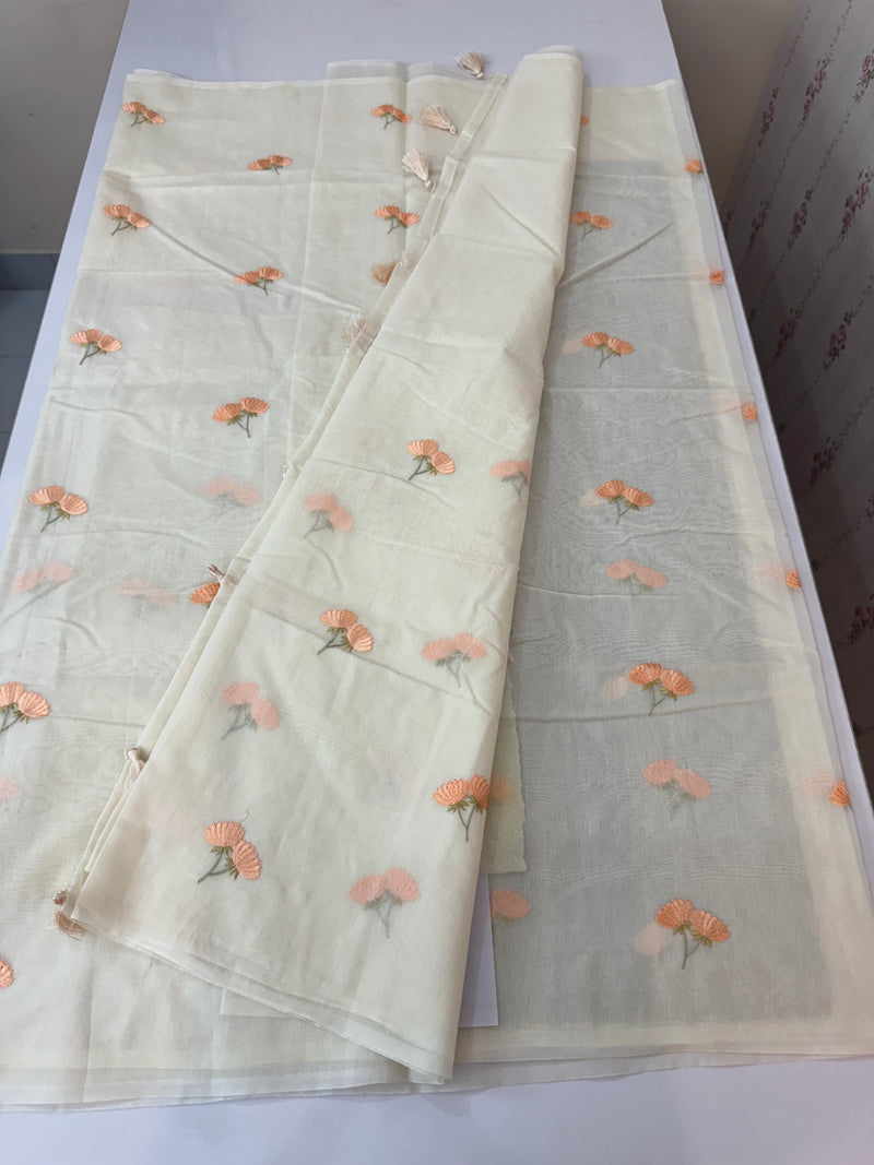 Mul chanderi saree with embriodery MSH114- Peach flowers