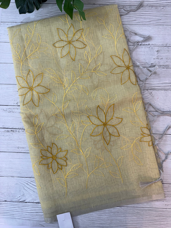 Tissue Linen Saree with embroidery MRS786- Pastel Yellow