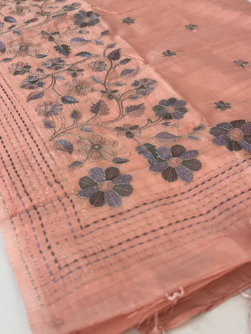 Crushed Blended tussar silk saree with embroidery- SNFCYEY Pastel PeachPink