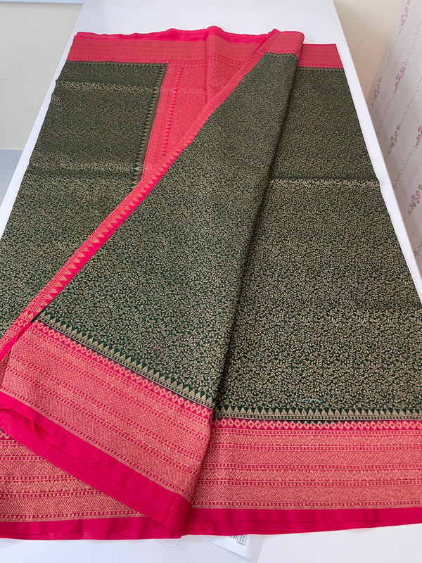 Banarasi semi katan saree with contrast border MS6665- BottleGreen to Pink