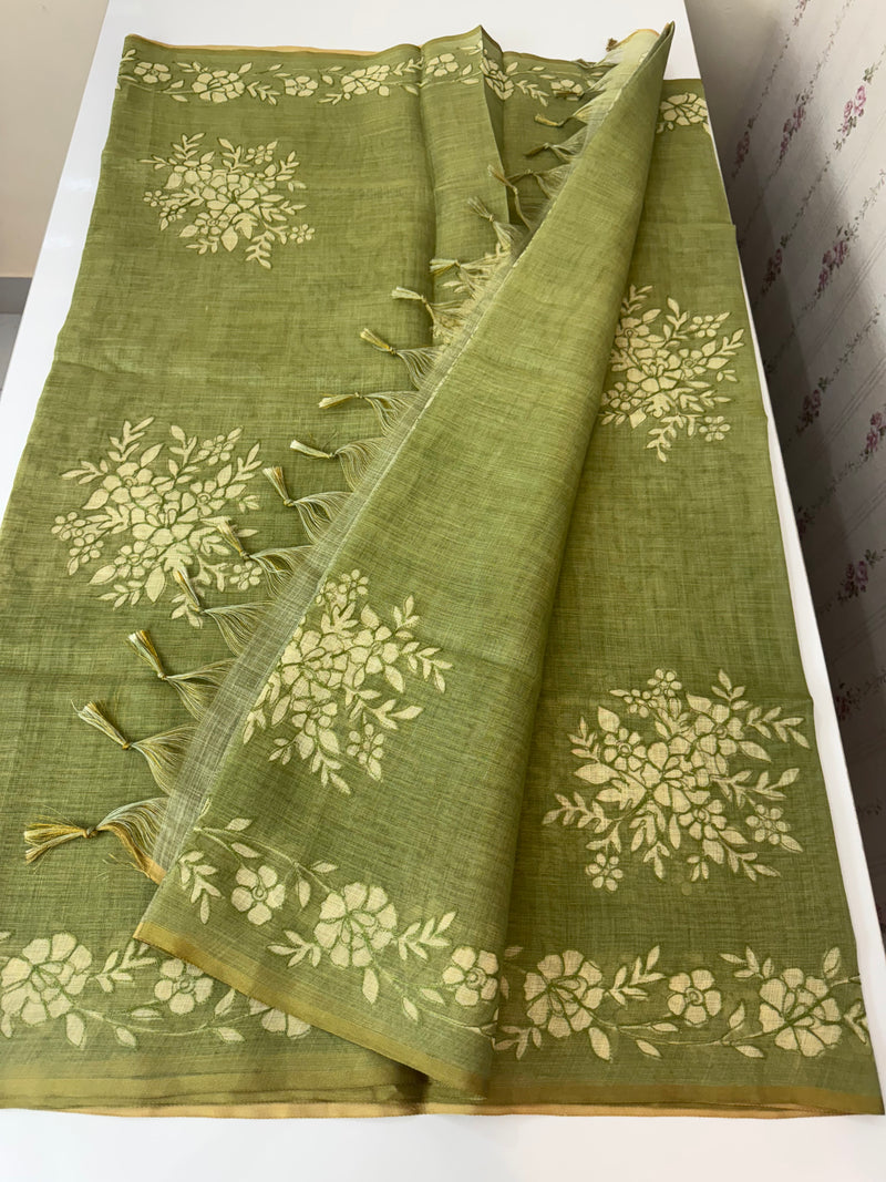 Tissue Linen Saree with applique work MRS890