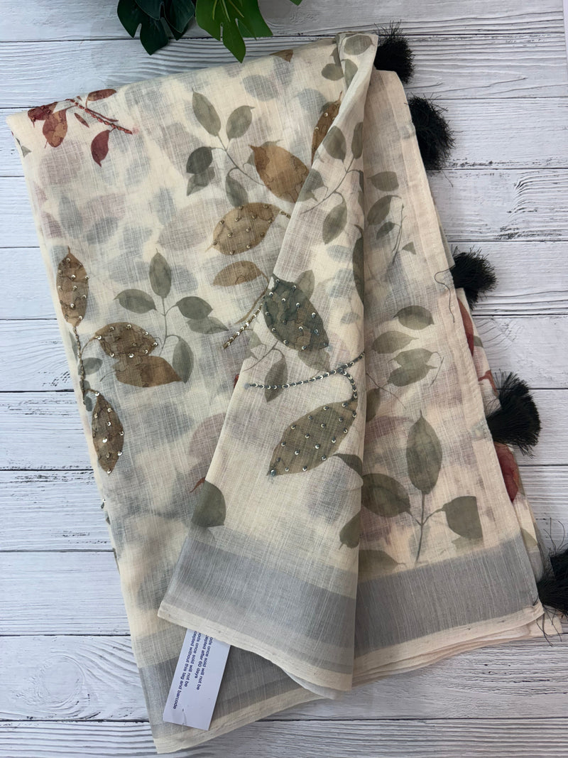 Handworked floral digital printed semi Linen Saree MLS611