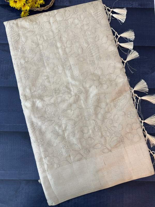 Blended tussar saree with embriodery - MS8665 Cream