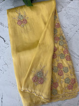 Handworked Premium Glass tissue flowy organza saree applique work MCH221 - Yellow