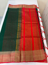 Semi Jute silk sarees with contrast pallu & blouse MJL391 - BottleGreen to Red