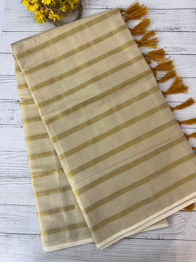 Kerala tissue saree - Stripes with yellow tassels