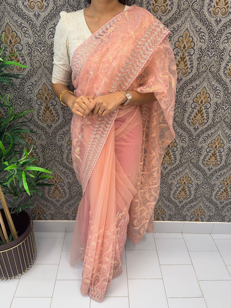 Partywear Net Saree with sequence work MPNKS103 PeachPink