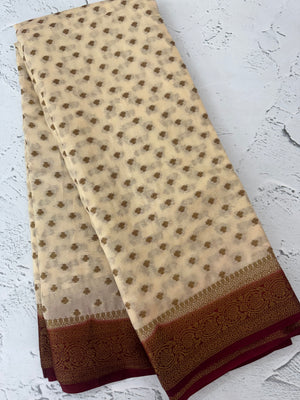 Crepe Banarasi viscose Georgette saree with brocade blouse MS953211 - Offwhite to Maroon