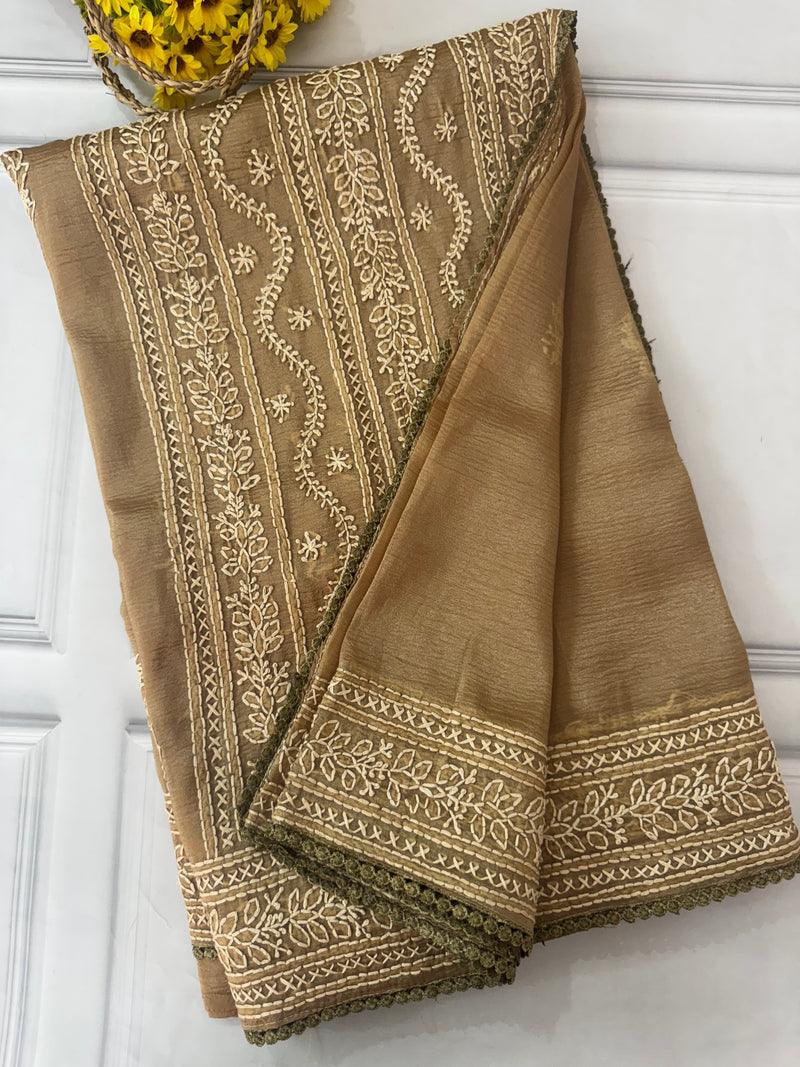 Crush organza saree with chikankari embriodery MS76551/1 Dusky khakhi Green