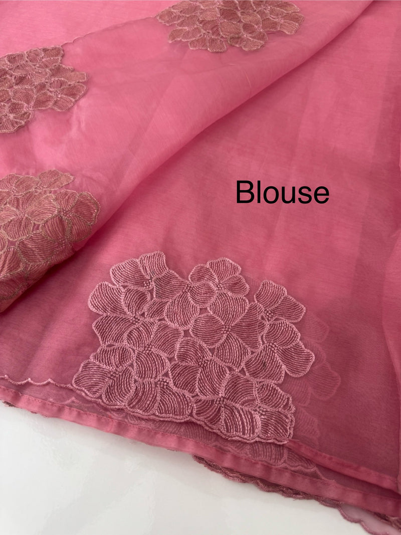 Semi organza saree with embroidery & scallop border - MSH901 - Pink