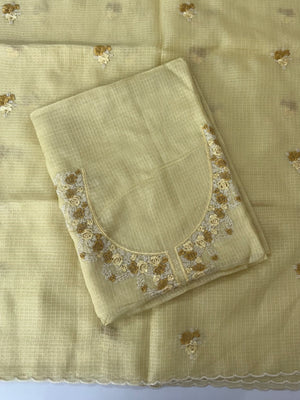 Unstitched Silky Kota Set with embroidery- MK66 PastelYellow