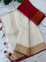 Linen-cotton checks saree with zari border MLS9766- RED