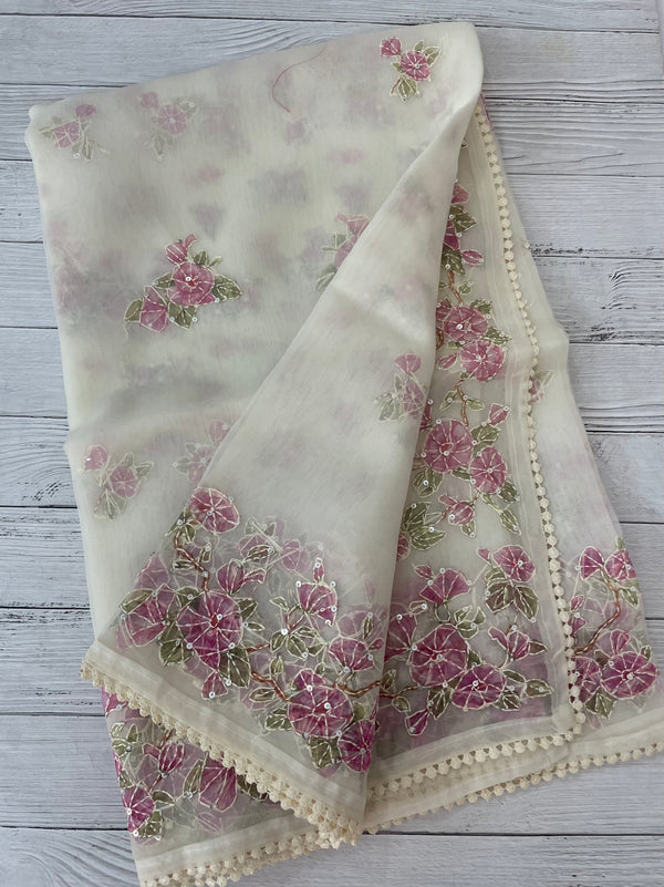 Organza saree with prints & hand embriodery work MS15333