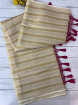 Kerala tissue saree - Stripes with Pink tassels