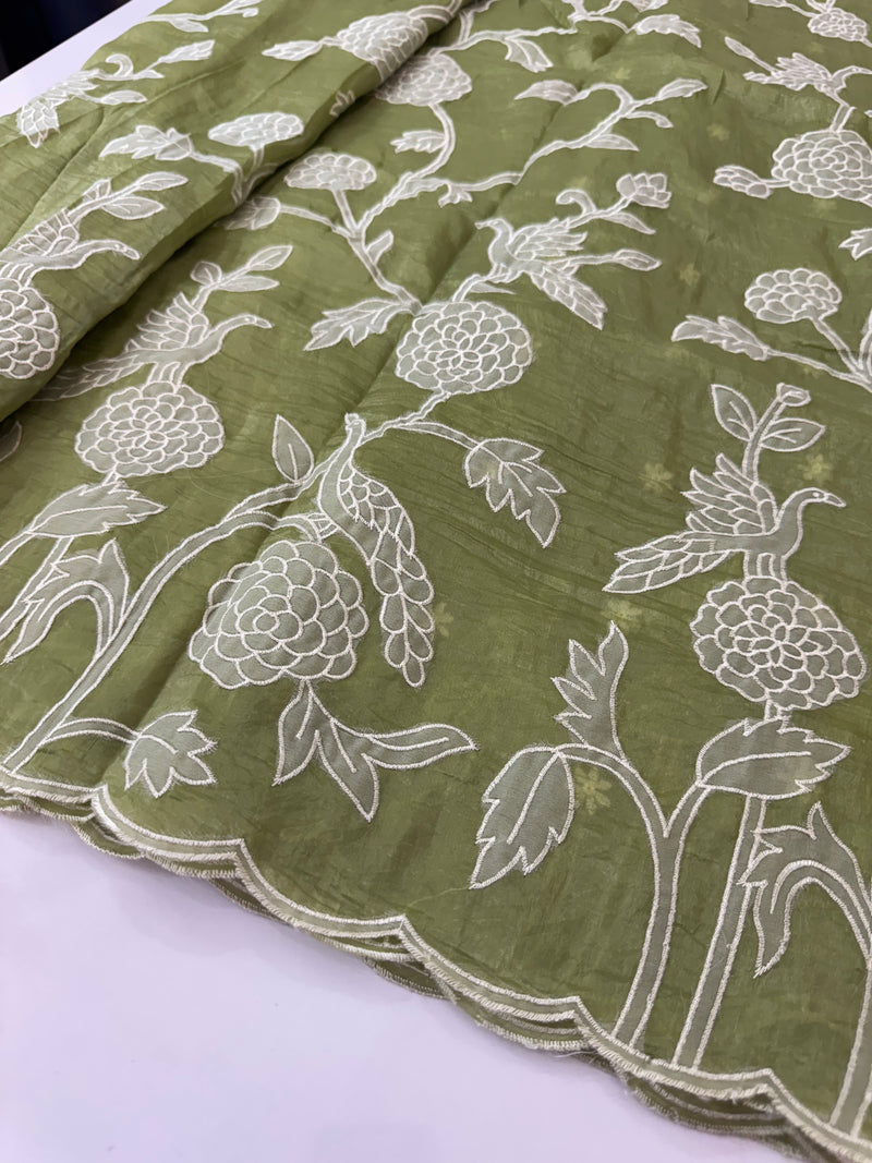 Crush Organza Applique work saree MS14987- Green(Design 3)