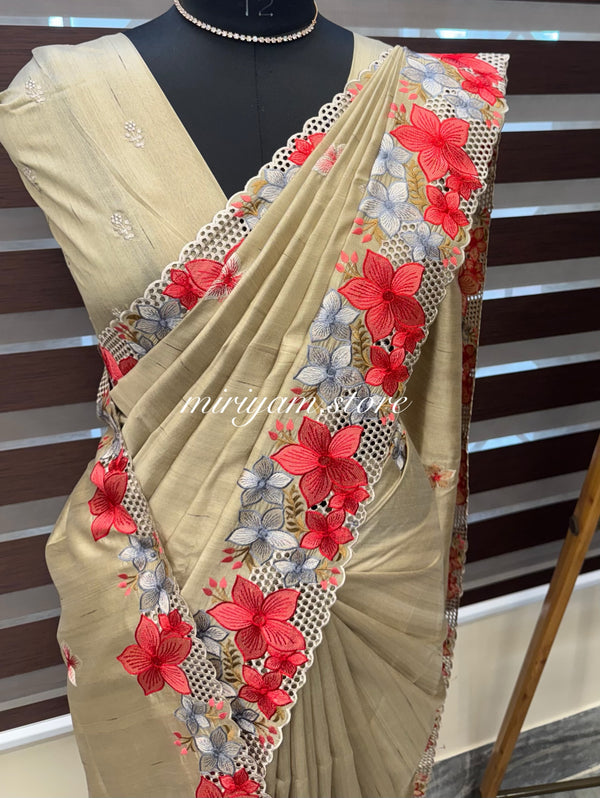 Cutwork semi Tussar saree MSTS358 DarkBeige