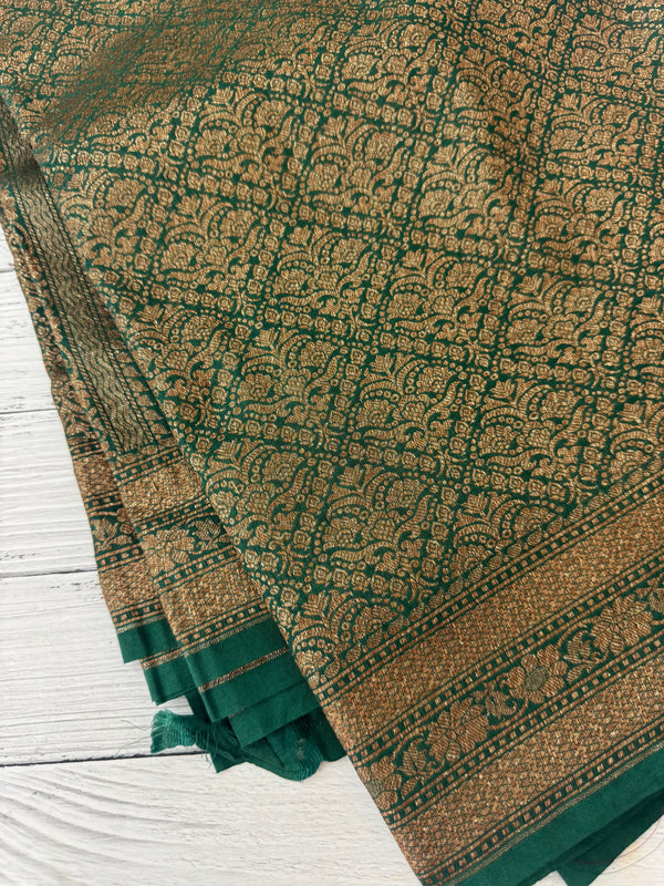 Semi katan Banarasi saree in antique zari weaving - MSKB899 BottleGreen