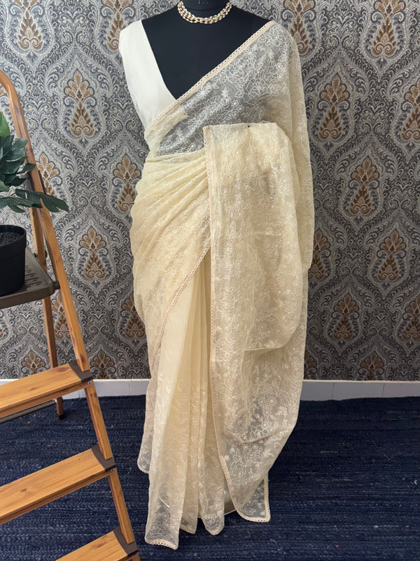 Chanderi tissue silk saree with embroidery work MS5541- Beige
