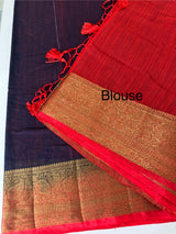 Jute silk sarees with contrast pallu & blouse MJL396 DarkBlue to Red