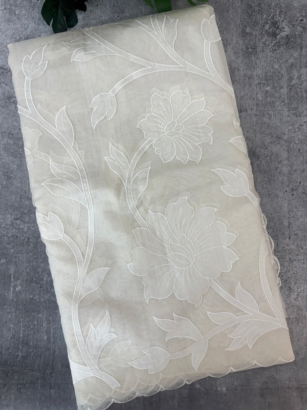 Mul chanderi applique work saree  MSH115 - Offwhite