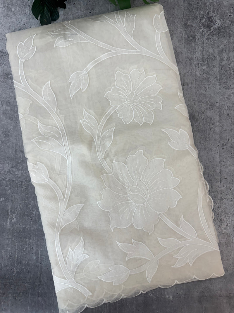 Mul chanderi applique work saree  MSH115 - Offwhite