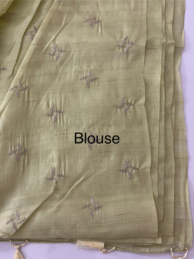 Crushed Blended tussar silk saree with embroidery- SNFCYEY Pastel PistaGreen