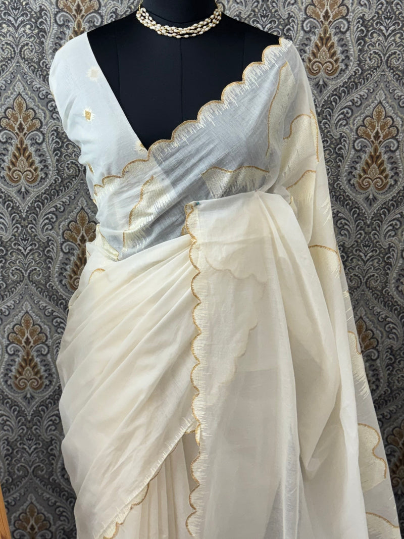 Mul chanderi embriodery saree with scalloped borders MCBS654