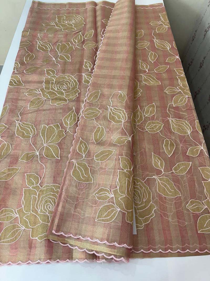 Tissue Silk applique work saree MSH133 Design 1- PeachPink